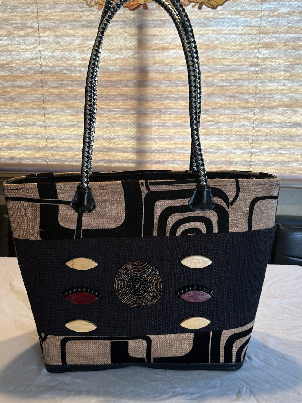 Black and Tan Patterned Tote Bag with Accent Embellishments